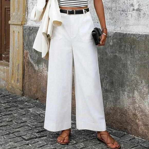 White Casual Women's High-Waisted Wide Leg Pants With Pockets - Picture 5 of 6